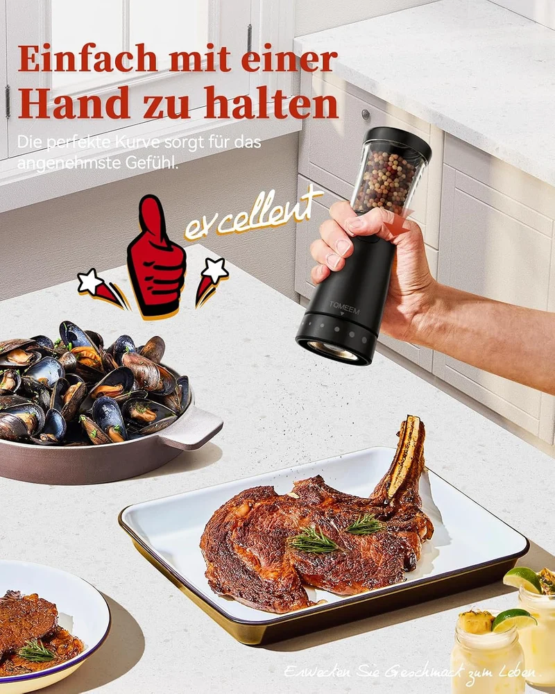 TOMEEM Salz und Pfeffermühle Elektrisch 2er Set Edelstahl wiederaufladbar Black size2, Black size2