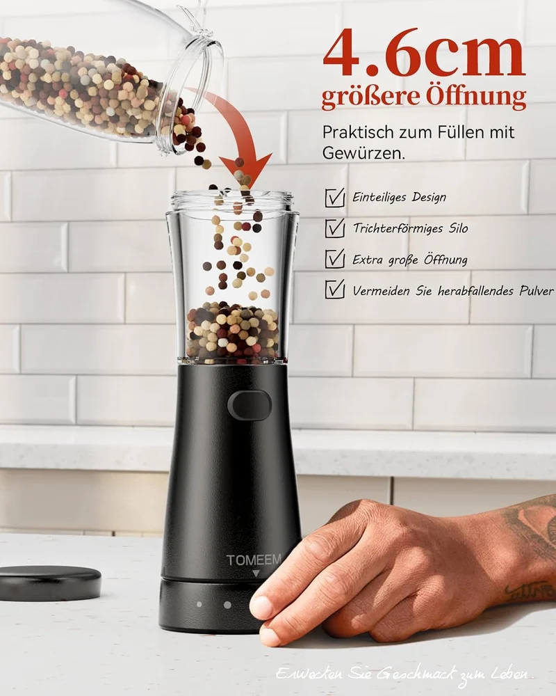 TOMEEM Salz und Pfeffermühle Elektrisch 2er Set Edelstahl wiederaufladbar Black size2, Black size2