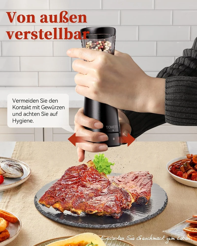 TOMEEM Salz und Pfeffermühle Elektrisch 2er Set Edelstahl wiederaufladbar Black size2, Black size2