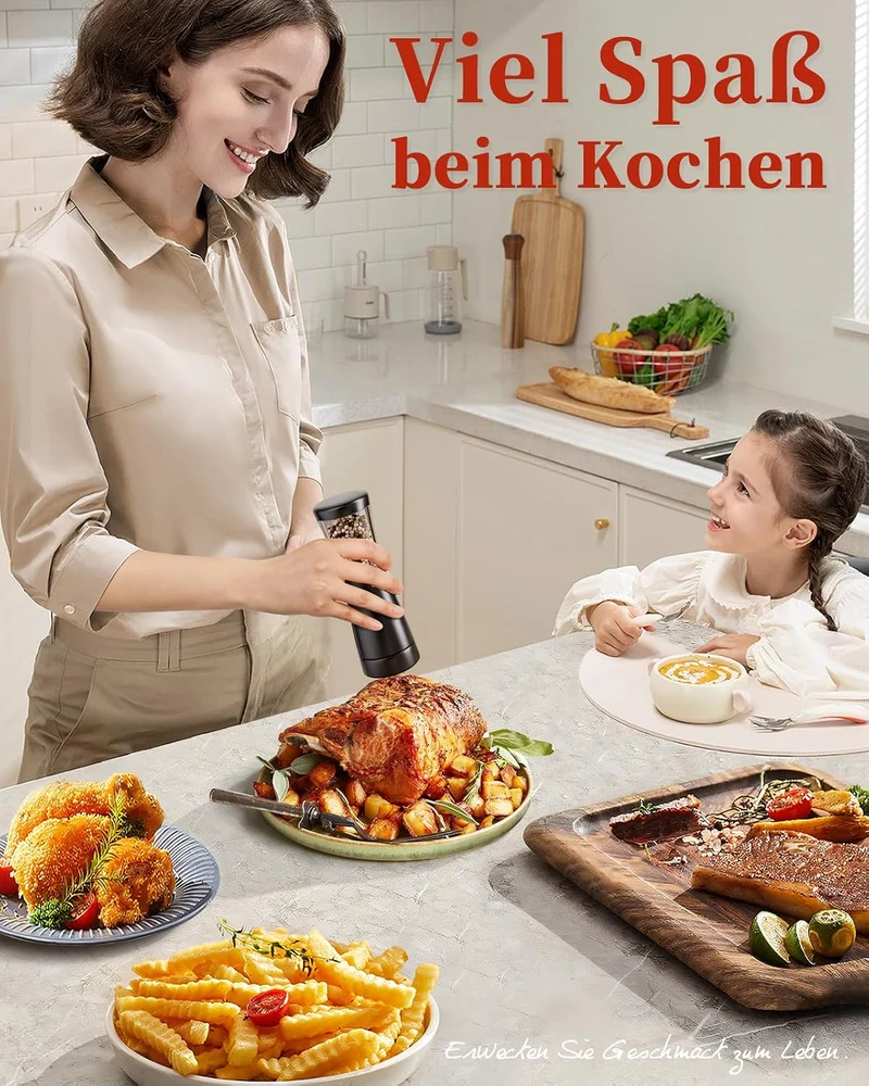 TOMEEM Salz und Pfeffermühle Elektrisch 2er Set Edelstahl wiederaufladbar Black size2, Black size2