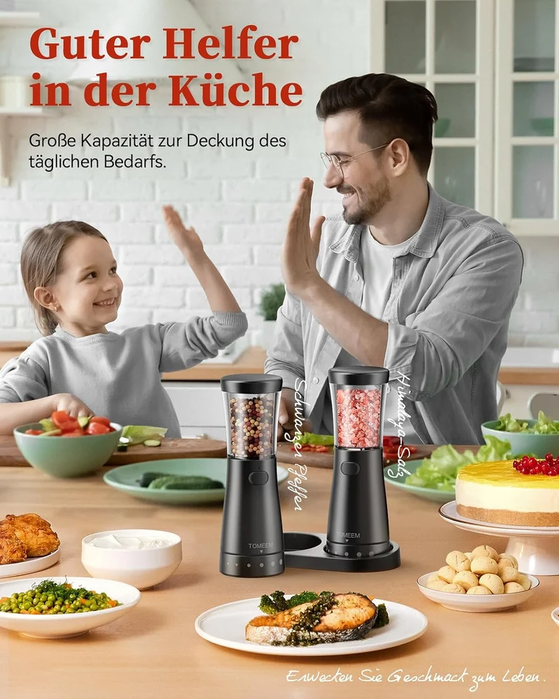 TOMEEM Salz und Pfeffermühle Elektrisch 2er Set Edelstahl wiederaufladbar Black size2, Black size2