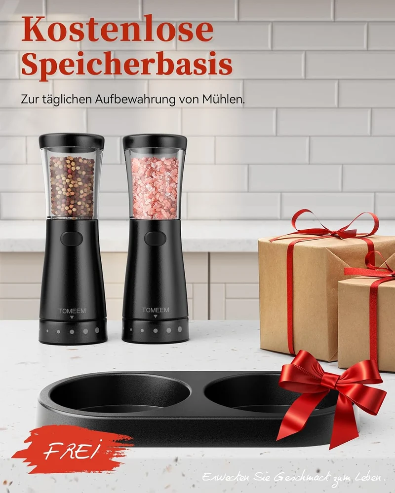 TOMEEM Salz und Pfeffermühle Elektrisch 2er Set Edelstahl wiederaufladbar Black size2, Black size2