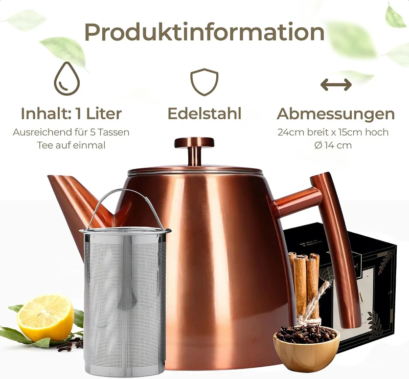 Vaja Trends Teekanne, 1L Doppelwandig Aus Rose Edelstahl Mit Siebeinsatz, Mit Stövchen, Tea Maker, T
