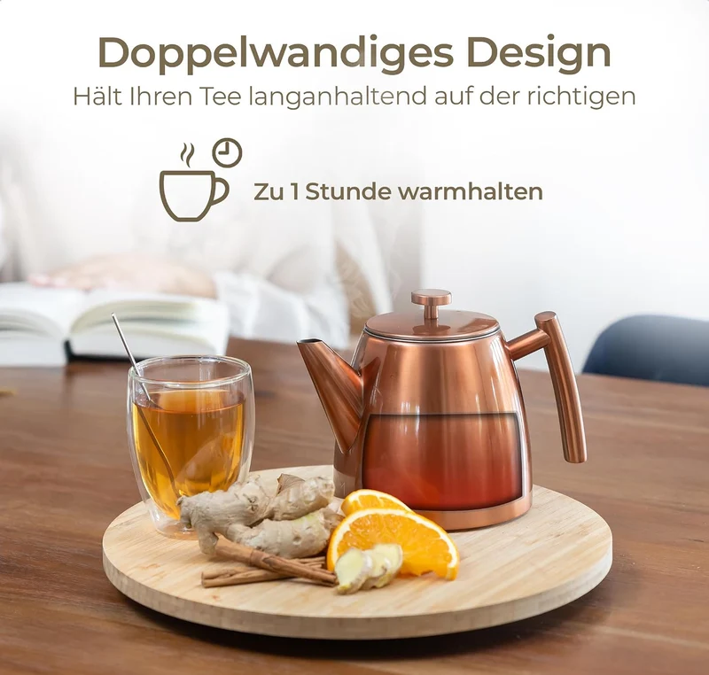 Vaja Trends Teekanne, 1L Doppelwandig Aus Rose Edelstahl Mit Siebeinsatz, Mit Stövchen, Tea Maker, T