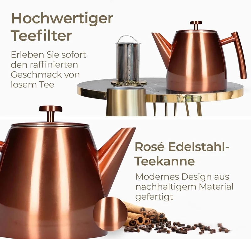 Vaja Trends Teekanne, 1L Doppelwandig Aus Rose Edelstahl Mit Siebeinsatz, Mit Stövchen, Tea Maker, T