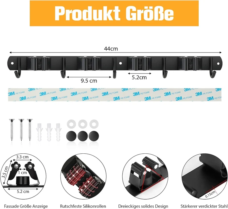 Besenhalterung Wand, Besenhalter Edelstahl mit 4 Halter und 5 Haken, Gartengerätehalter Wandhalterun