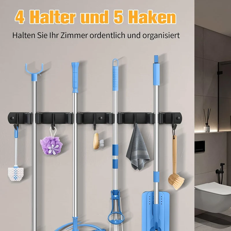 Besenhalterung Wand, Besenhalter Edelstahl mit 4 Halter und 5 Haken, Gartengerätehalter Wandhalterun