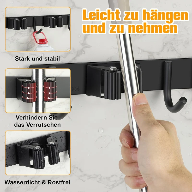 Besenhalterung Wand, Besenhalter Edelstahl mit 4 Halter und 5 Haken, Gartengerätehalter Wandhalterun