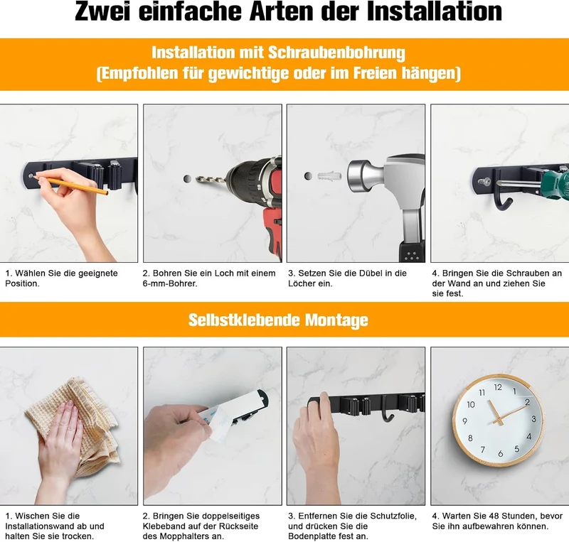 Besenhalterung Wand, Besenhalter Edelstahl mit 4 Halter und 5 Haken, Gartengerätehalter Wandhalterun