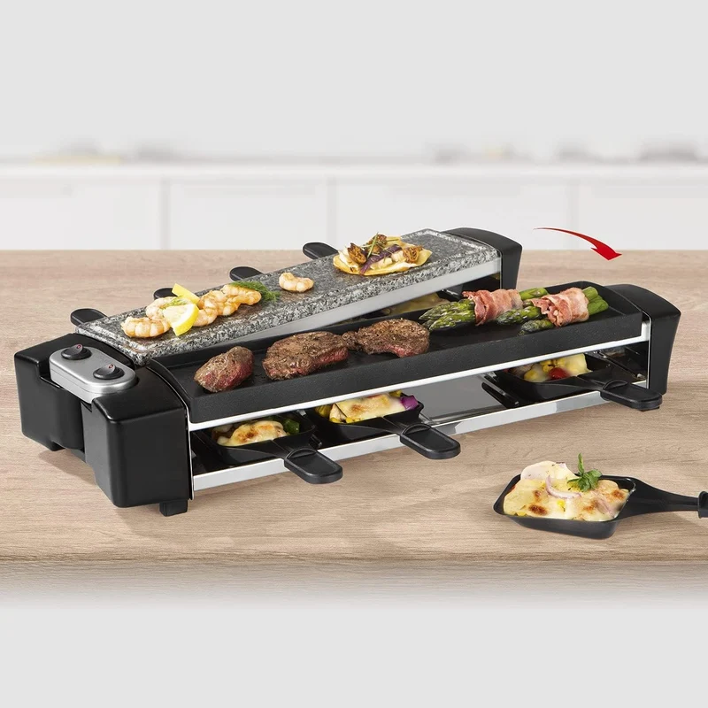 MAXXMEE Raclette Grill | 2 Grillzonen | Naturstein & Aluguss für grosse Grillvielfalt | Bis 180° sch