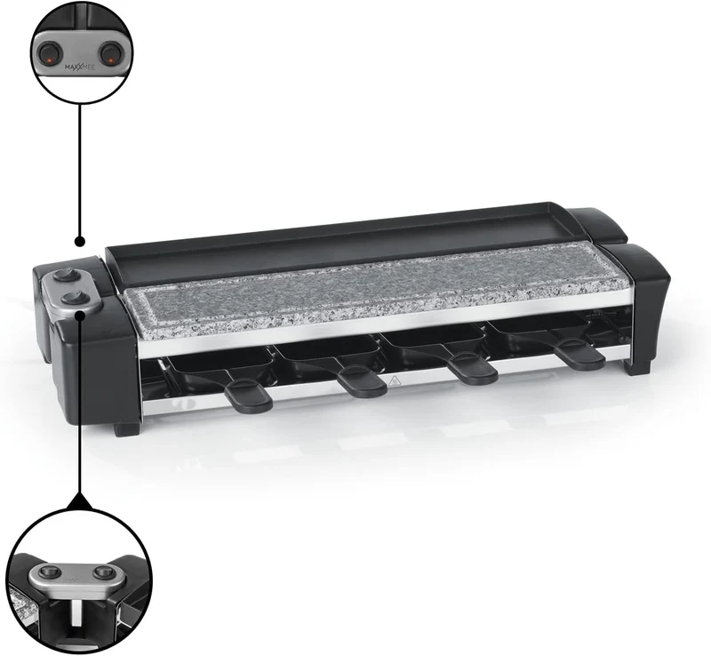 MAXXMEE Raclette Grill | 2 Grillzonen | Naturstein & Aluguss für grosse Grillvielfalt | Bis 180° sch