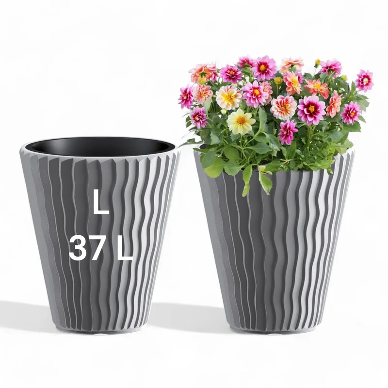 MELTOM Pflanzkübel Gross Rund H 44 cm Ø 37 cm Grau 3D-Welle mit Einsatz Deko Grau L, Grau L