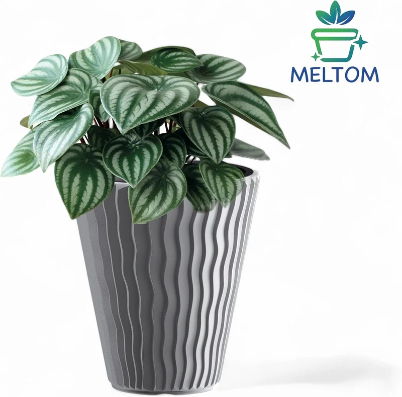 MELTOM Pflanzkübel Gross Rund H 44 cm Ø 37 cm Grau 3D-Welle mit Einsatz Deko Grau L, Grau L