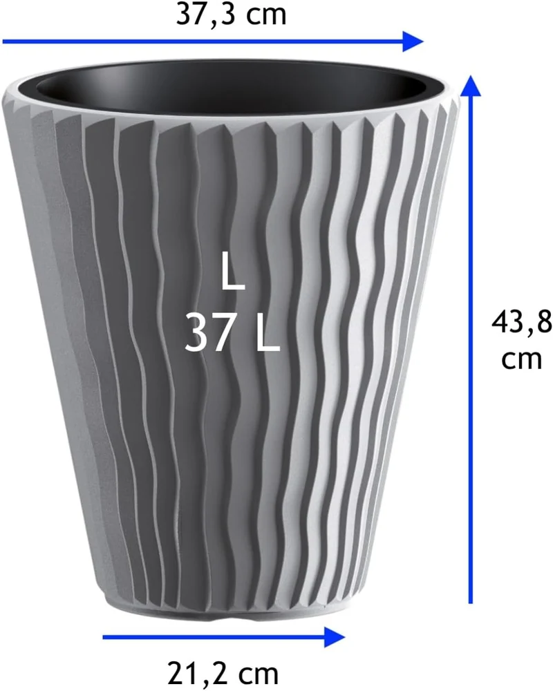 MELTOM Pflanzkübel Gross Rund H 44 cm Ø 37 cm Grau 3D-Welle mit Einsatz Deko Grau L, Grau L