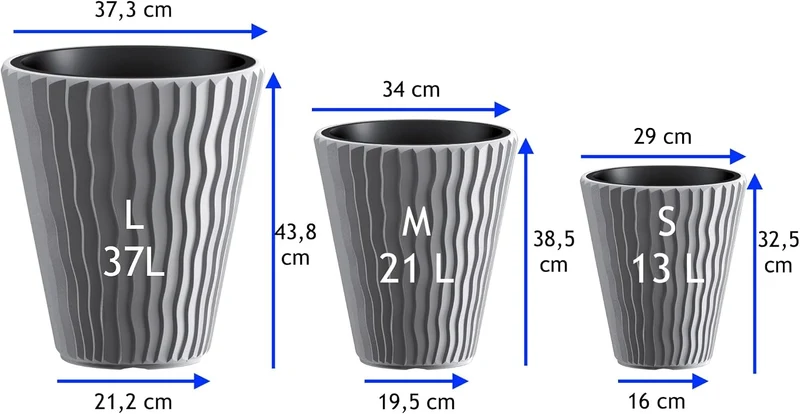 MELTOM Pflanzkübel Gross Rund H 44 cm Ø 37 cm Grau 3D-Welle mit Einsatz Deko Grau L, Grau L