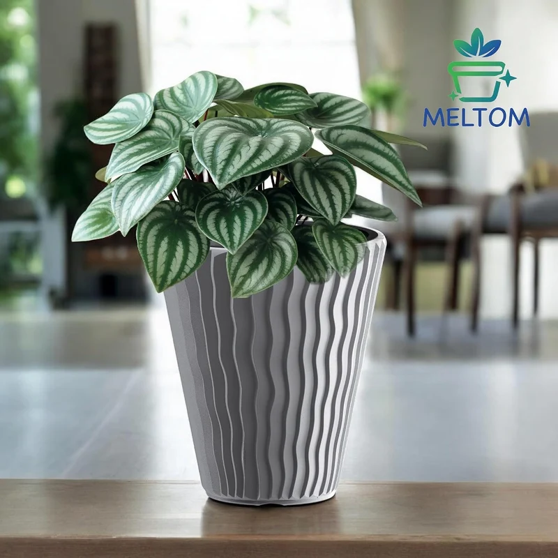 MELTOM Pflanzkübel Gross Rund H 44 cm Ø 37 cm Grau 3D-Welle mit Einsatz Deko Grau L, Grau L