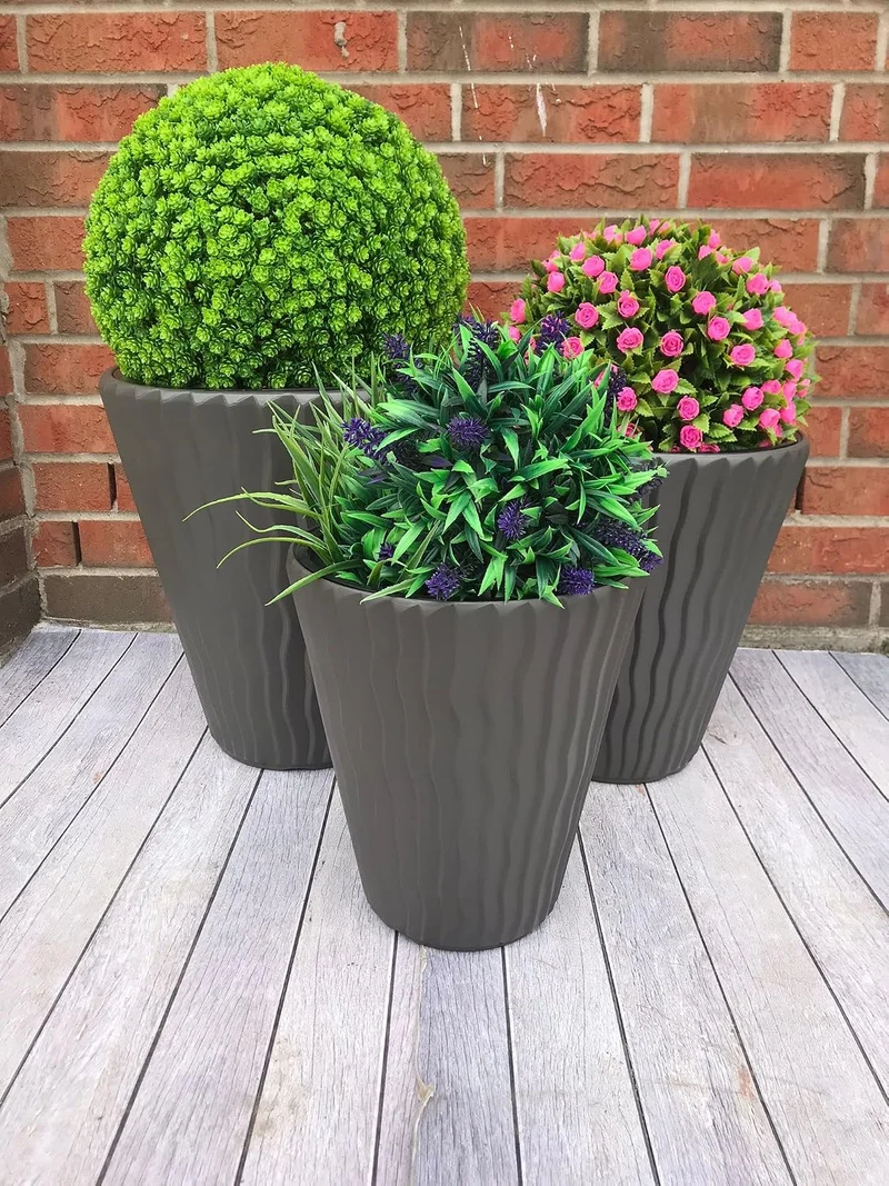 MELTOM Pflanzkübel Gross Rund H 44 cm Ø 37 cm Grau 3D-Welle mit Einsatz Deko Grau L, Grau L