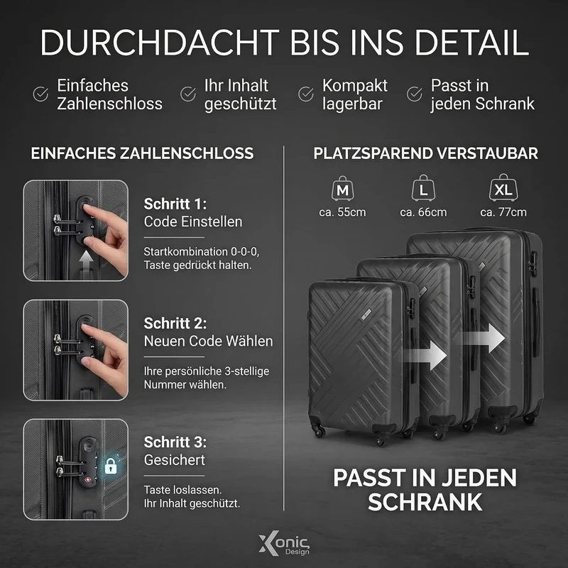 Xonic Design Reisekoffer mit Rollen– ABS Hartschalenkoffer mit 360° Leichtlauf-Rollen – hochwertige