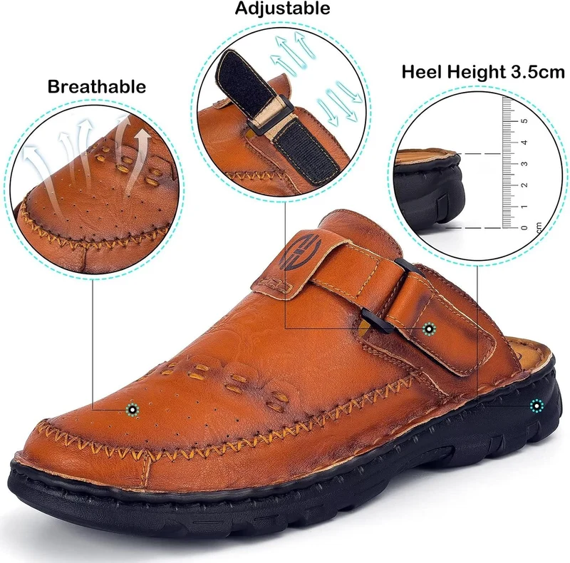 Sandalen Herren Leder Pantoletten Clogs, Weiche Dicke Sohle 43 EU Ta3 Rot Braun, 43 EU Ta3 Rot Braun
