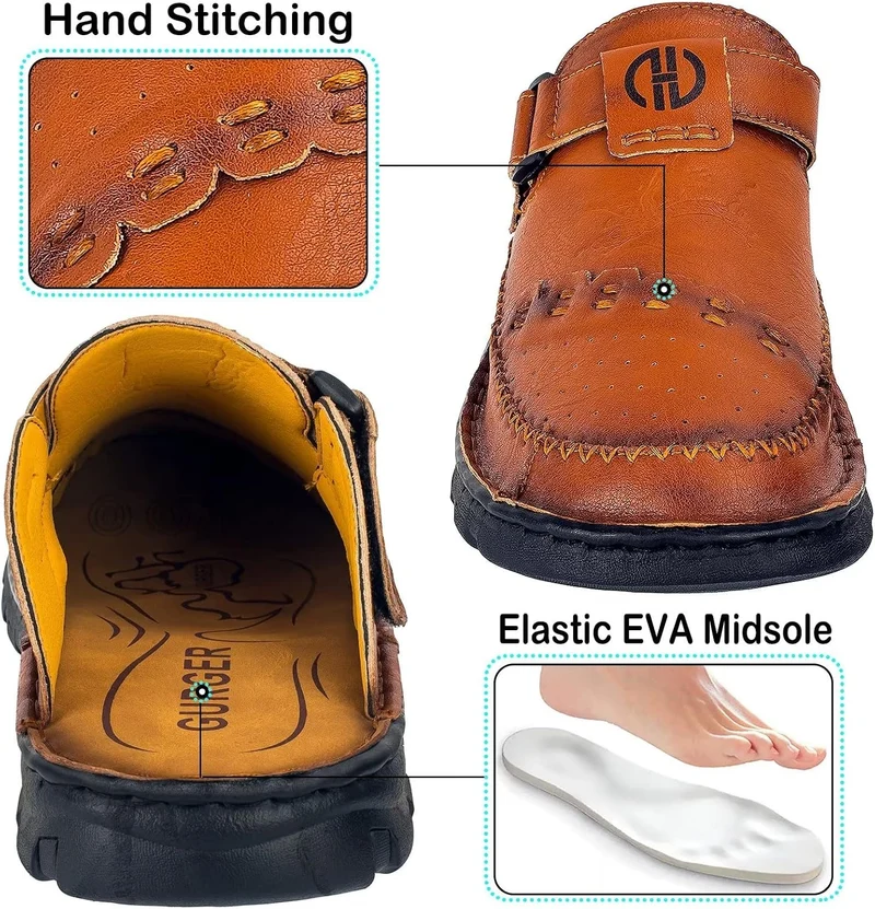 Sandalen Herren Leder Pantoletten Clogs, Weiche Dicke Sohle 43 EU Ta3 Rot Braun, 43 EU Ta3 Rot Braun