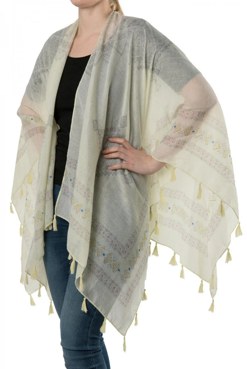 styleBREAKER Damen Leichter Poncho Ethno Muster Quasten Einheitsgrösse Gelb, Einheitsgrösse Gelb