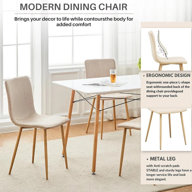 FurnitureR Esszimmerstühle 4er Set Beige Stoff Skandinavische Küchenstühle für Esszimmer Empfang Hom