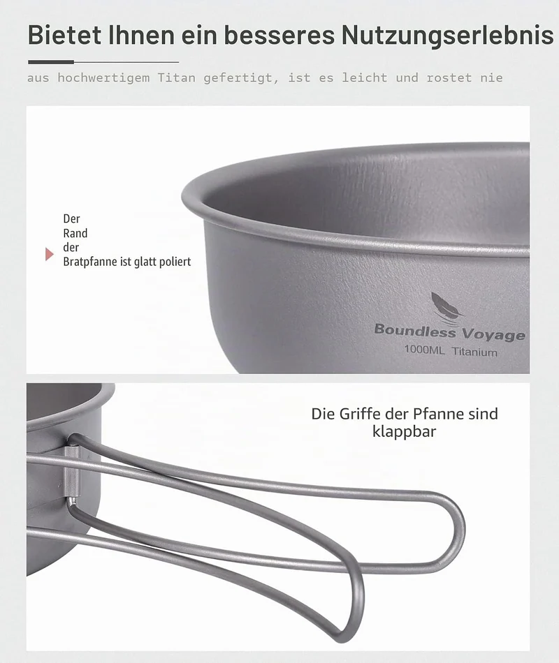 iBasingo 1000ml Titan Bratpfanne Camping Pan Antihaftpfanne mit Deckel & Klappgriffen 19cm Outdoor L