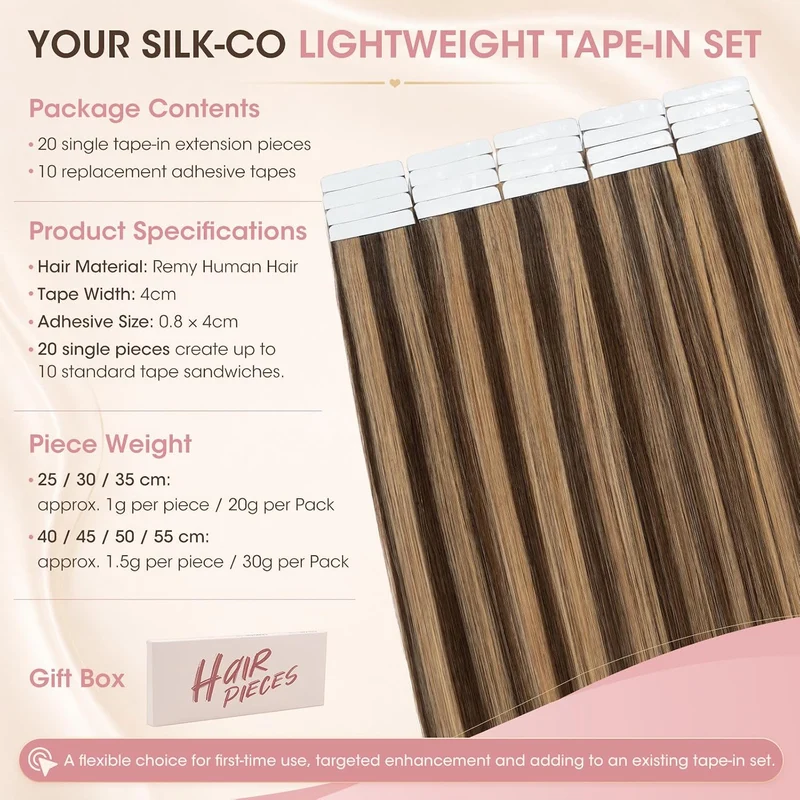 Silk-co Tape in Extensions Echthaar 20stk, Tape Extensions Echthaar, Remy Haarextensions Tape in Haa