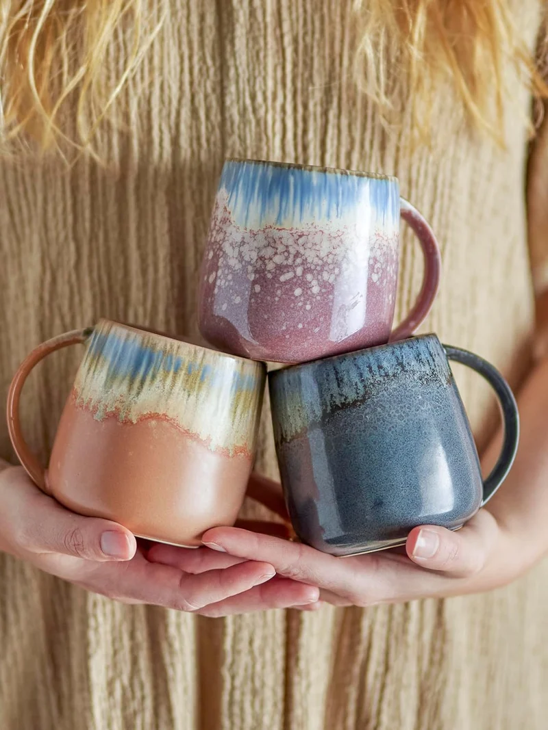 Bloomingville Tassen, grau blau rosa braun, Keramik, 3er Set
