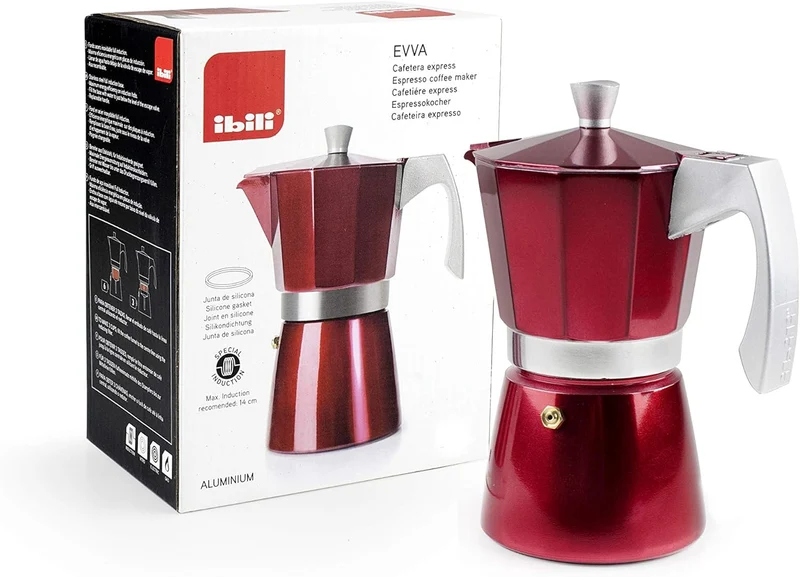 IBILI - Express-Kaffeekocher Evva Red, 12 Tassen, 600 ml, Aluminiumdruckguss, für Induktionsherde ge