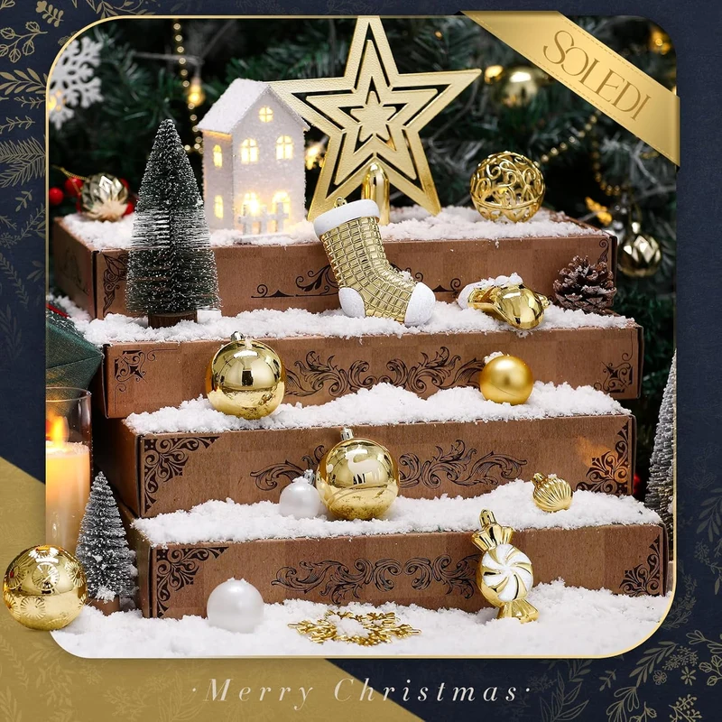 SOLEDI® 128er Set Premium Weihnachtskugeln Kunststoff Gold Weiss mit Baumspitze Stern - Robuste und