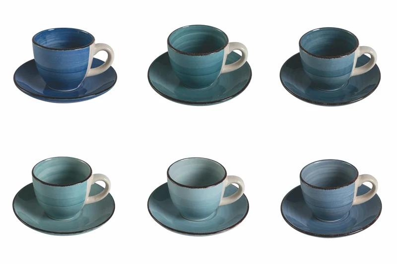 Villa d'Este Home Tivoli 6er Set Kaffeetassen 90 ml mit Untertasse aus Steingut, Baita Acqua