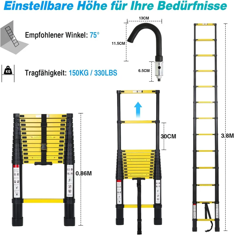 Aluminium Teleskopleiter mit Abnehmbarem Haken, Cecaylie 3.8M Ausziehbare Leiter, Rutschfester Alule