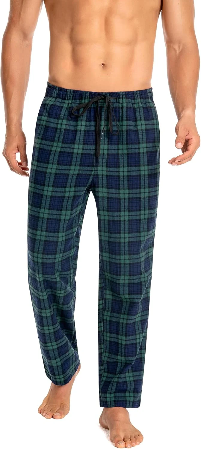 Schlafanzughose Herren 100% Baumwolle Flannel Pyjamahose Kariert Loungehose mit Taschen Nachtwäsche