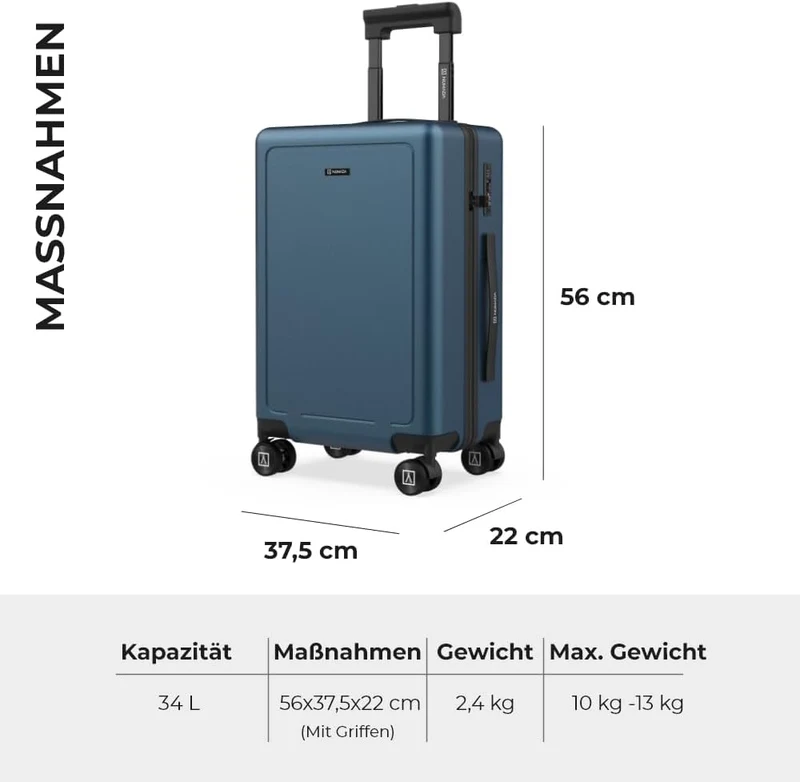NUMADA – Handgepäck Koffer Trolley ABS PackPro T20 (56x37x22cm) mit TSA-Schloss und 4 Doppelrollen.