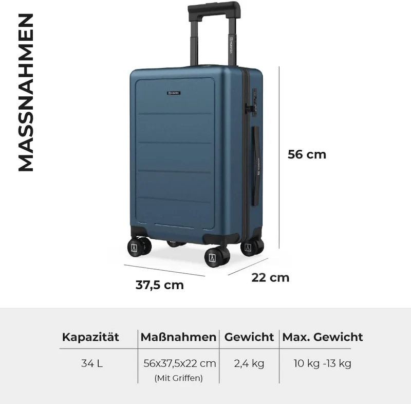 NUMADA – Handgepäck Koffer Trolley ABS PackPro T20 (56x37x22cm) mit TSA-Schloss und 4 Doppelrollen.