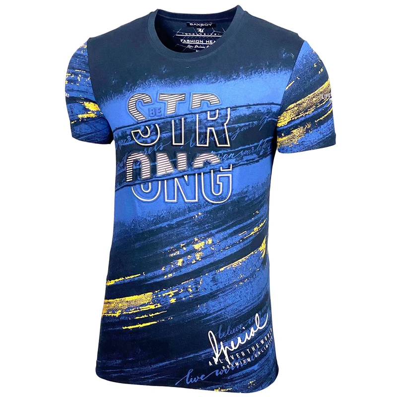 Herren Rundhals Vintage T-Shirt Kurzarm Slim Fit Design Fashion Top Print Shirt B-2778 S Marine, S M