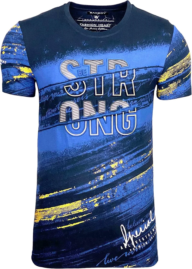 Herren Rundhals Vintage T-Shirt Kurzarm Slim Fit Design Fashion Top Print Shirt B-2778 S Marine, S M