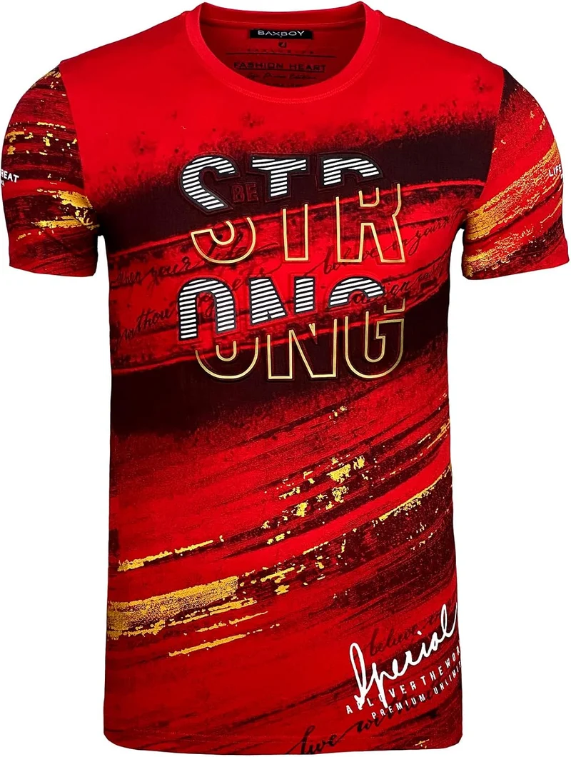 Herren Rundhals Vintage T-Shirt Kurzarm Slim Fit Design Fashion Top Print Shirt B-2778 XL Rot, XL Ro