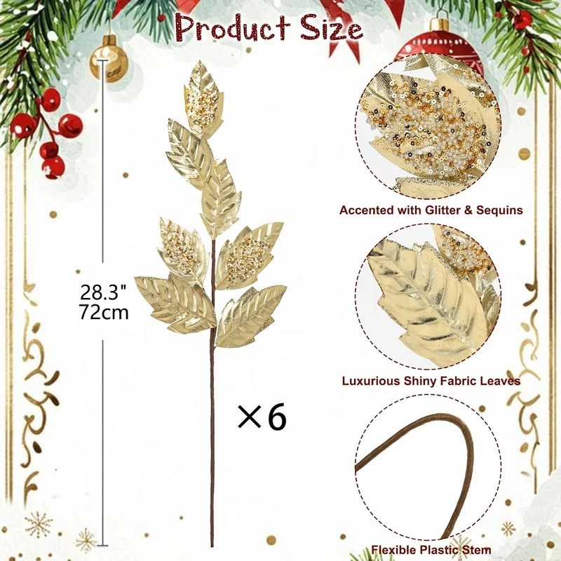 72cm 6er-Set Künstliche Weihnachtszweige Gold Dekozweige mit Glitzer B0DXKSHKDP Gold-3, Gold-3