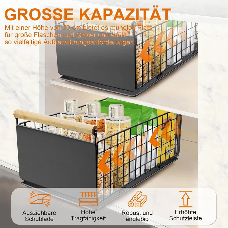 2 Artikel Ausziehbare Schublade Küche, Hochwertiger Karbonstahl Ausziehbarer Schrank Organizer, Ultr