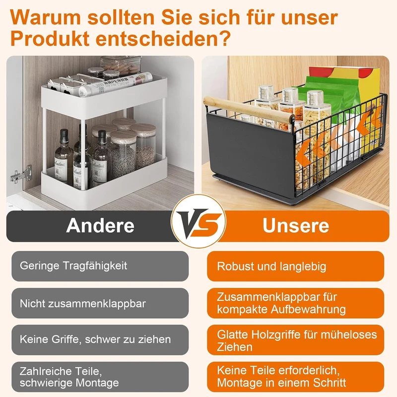 2 Artikel Ausziehbare Schublade Küche, Hochwertiger Karbonstahl Ausziehbarer Schrank Organizer, Ultr