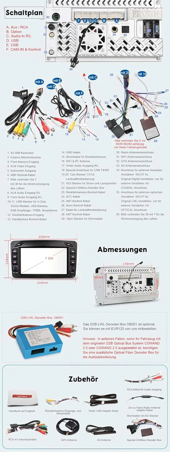 Erisin 7" Qualcomm 8-Kern 4GB+64GB Android 16 Autoradio Bluetooth GPS Navigation für Mercedes W203 W