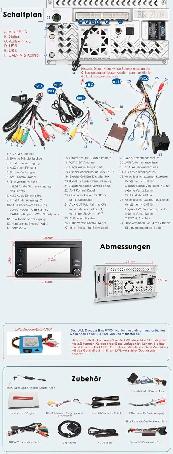 Erisin 7 Zoll Qualcomm 8-Kern 4GB+64GB Android 16 Autoradio Bluetooth GPS Navigation Für Porsche Cay
