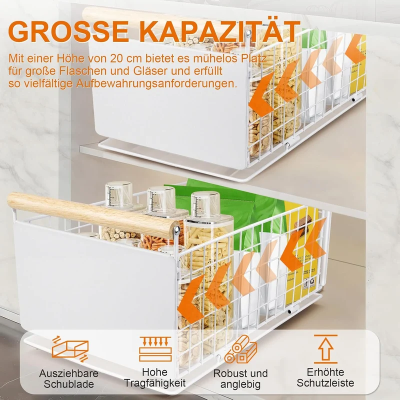 2 Artikel Ausziehbare Schublade Küche, Hochwertiger Karbonstahl Ausziehbarer Schrank Organizer, Ultr