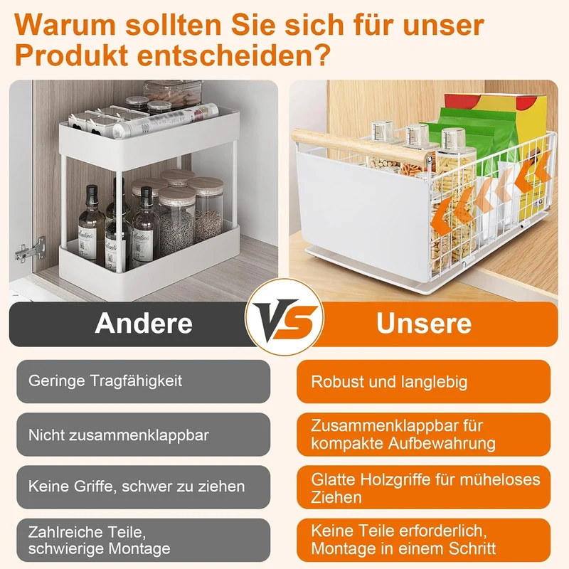 2 Artikel Ausziehbare Schublade Küche, Hochwertiger Karbonstahl Ausziehbarer Schrank Organizer, Ultr