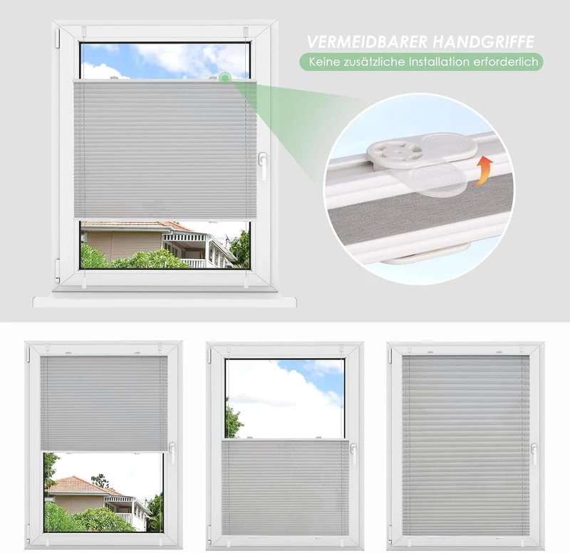 bobodeco Plissee ohne Bohren Klemmfix Faltrollo Jalousie Grau 35x80cm (BxH), Plisseerollo Sichtschut