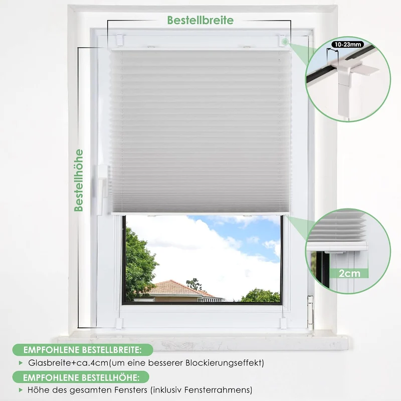 bobodeco Plissee ohne Bohren Klemmfix Faltrollo Jalousie Grau 35x80cm (BxH), Plisseerollo Sichtschut