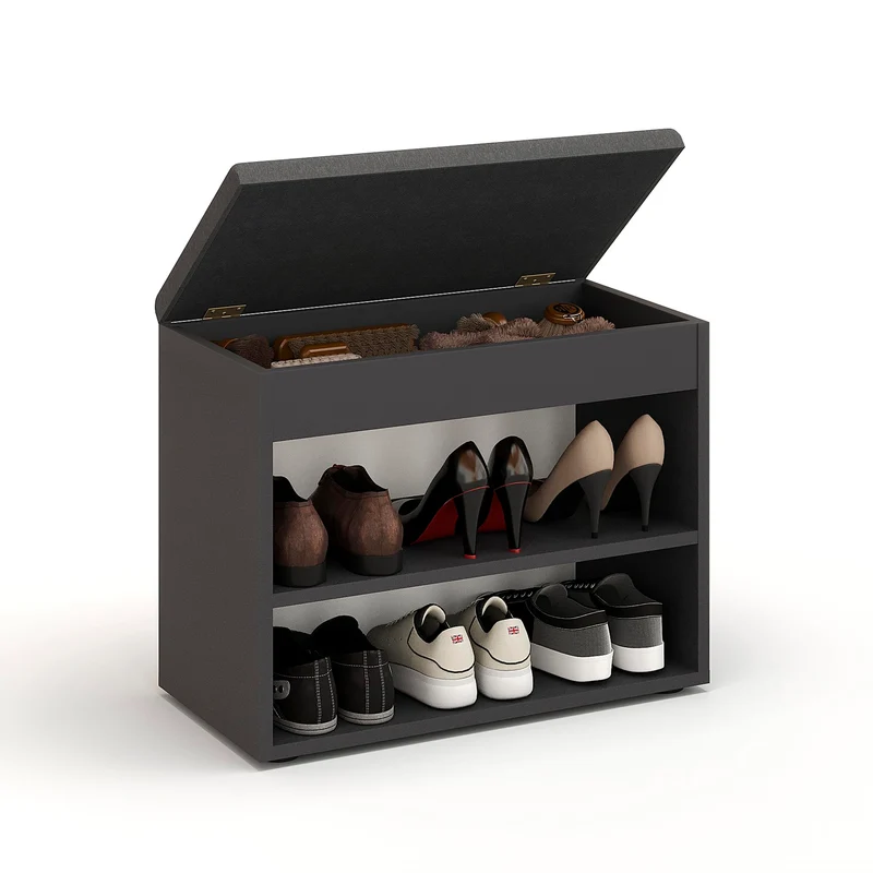 KOMTO Schuhbank mit Sitzfläche - Schuhregal Bank mit Stauraum Schwarz 60 x 48 x 32 cm Kleiner Schuhs