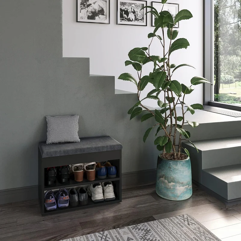 KOMTO Schuhbank mit Sitzfläche - Schuhregal Bank mit Stauraum Schwarz 60 x 48 x 32 cm Kleiner Schuhs